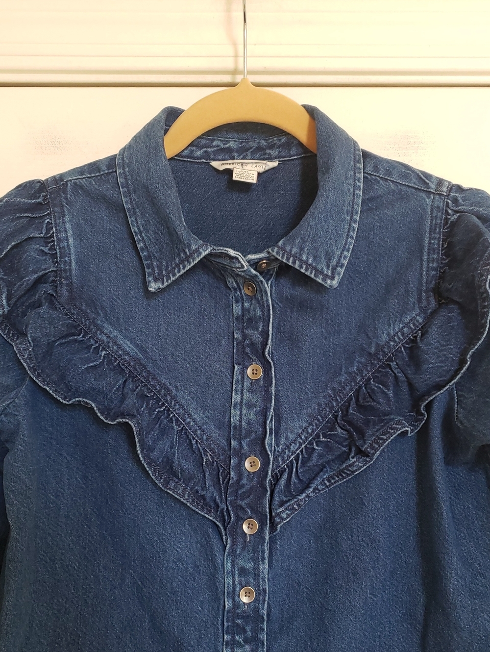 American Eagle Ruffle Denim Western Shirt Medium Wash XXS - Picture 13 of 15